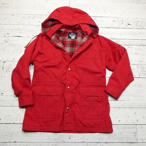 Vintage Woolrich Jacket Womens M Red Hooded Plaid Lined Parka Made‎ USA 80s